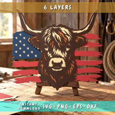 Patriotic Highland Cow 3D SVG | American Flag Cow SVG | 6 Layer Highland Cow Laser Cut File | USA Cow Dxf | Layered Farmhouse Wall Art 3D Paper HappyDesignStudio 