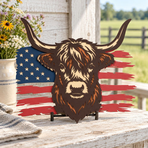 Patriotic Highland Cow 3D SVG | American Flag Cow SVG | 6 Layer Highland Cow Laser Cut File | USA Cow Dxf | Layered Farmhouse Wall Art 3D Paper HappyDesignStudio 