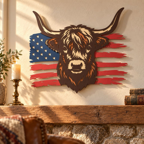 Patriotic Highland Cow 3D SVG | American Flag Cow SVG | 6 Layer Highland Cow Laser Cut File | USA Cow Dxf | Layered Farmhouse Wall Art 3D Paper HappyDesignStudio 