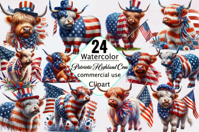 Patriotic Highland Cow Clipart Bundle Sublimation SVGArt 