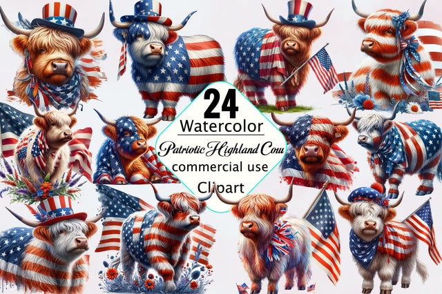 Patriotic Highland Cow Clipart Bundle Sublimation SVGArt 