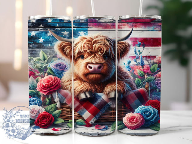 Patriotic Highland Cow Floral Tumbler, Baby Cow Tumbler, Floral Tumbler, Patriotic Tumbler, USA Tumbler, 20oz Sublimation Wrap, Farm Tumbler Sublimation ToriDesigns 