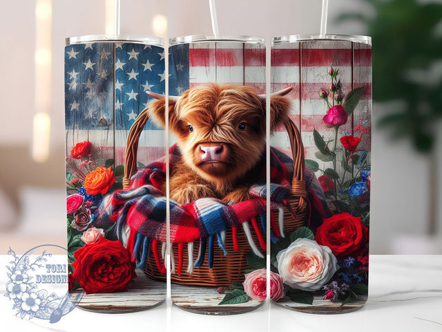 Patriotic Highland Cow Floral Tumbler, Baby Cow Tumbler, Floral Tumbler, Patriotic Tumbler, USA Tumbler, 20oz Sublimation Wrap, Farm Tumbler Sublimation ToriDesigns 