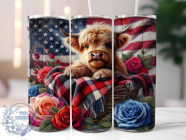 Patriotic Highland Cow Floral Tumbler, Baby Cow Tumbler, Floral Tumbler, Patriotic Tumbler, USA Tumbler, 20oz Sublimation Wrap, Farm Tumbler Sublimation ToriDesigns 