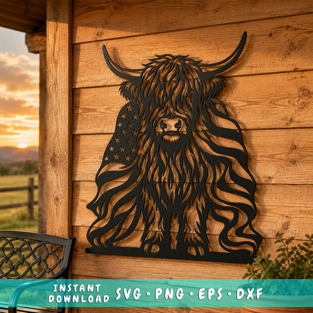 Patriotic Highland Cow Laser SVG | American Flag Cow DXF | Western Metal Art Svg| Plasma CNC Cut File | Farmhouse Ranch Decor SVG HappyDesignStudio 