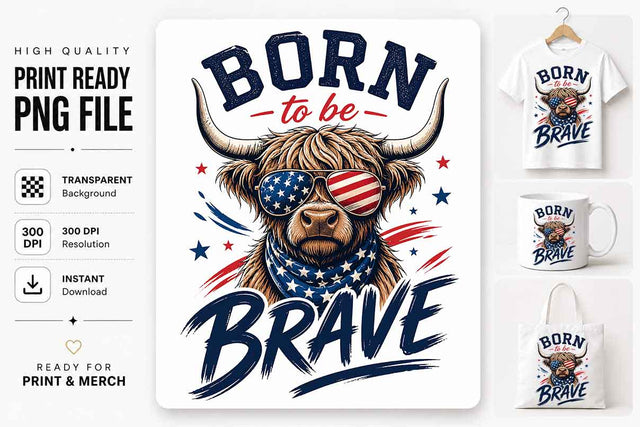 Patriotic Highland Cow PNG | Born To Be Brave Sublimation PNG SVG BillahCrafts 