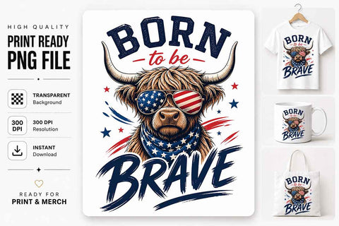 Patriotic Highland Cow PNG | Born To Be Brave Sublimation PNG SVG BillahCrafts 