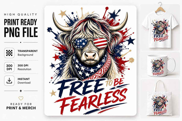 Patriotic Highland Cow PNG Fearless Quote Sublimation Digital Download SVG BillahCrafts 