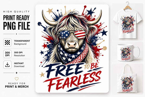 Patriotic Highland Cow PNG Fearless Quote Sublimation Digital Download SVG BillahCrafts 