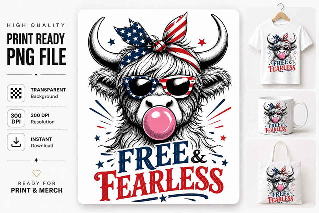 Patriotic Highland Cow PNG Free And Fearless Sublimation Design SVG BillahCrafts 