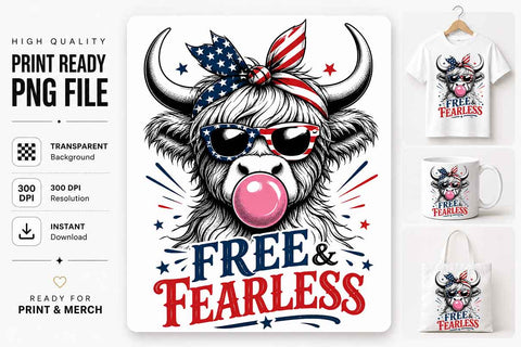 Patriotic Highland Cow PNG Free And Fearless Sublimation Design SVG BillahCrafts 
