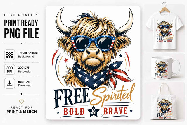 Patriotic Highland Cow PNG Free Spirited Bold And Brave Sublimation Design SVG BillahCrafts 