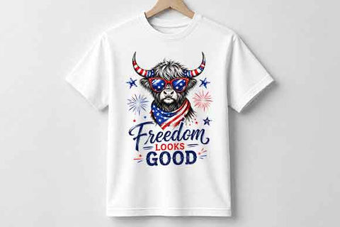 Patriotic Highland Cow PNG Freedom Looks Good Sublimation Design SVG BillahCrafts 