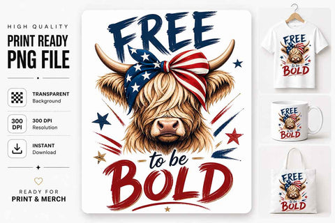 Patriotic Highland Cow PNG Freedom Quote Sublimation Digital Download SVG BillahCrafts 