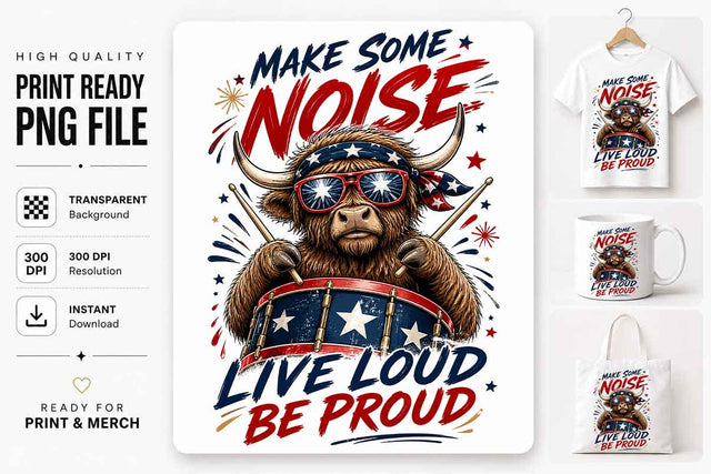 Patriotic Highland Cow PNG | Live Loud Be Proud Sublimation SVG BillahCrafts 