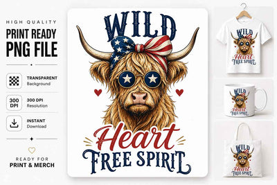 Patriotic Highland Cow PNG | Wild Heart Free Spirit Sublimation SVG BillahCrafts 