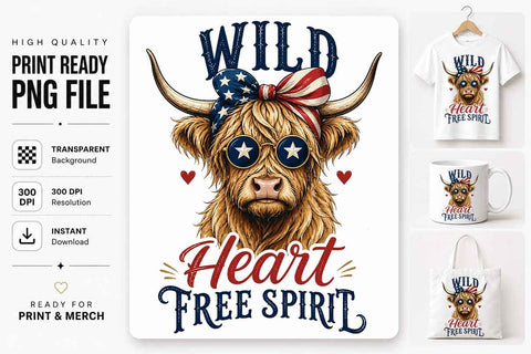 Patriotic Highland Cow PNG | Wild Heart Free Spirit Sublimation SVG BillahCrafts 