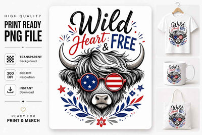 Patriotic Highland Cow PNG Wild Heart Free Sublimation Design SVG BillahCrafts 