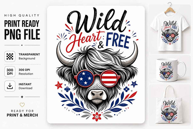 Patriotic Highland Cow PNG Wild Heart Free Sublimation Design SVG BillahCrafts 
