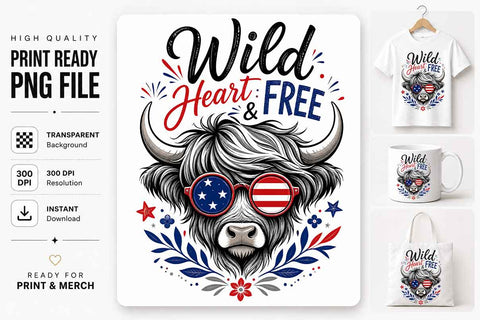 Patriotic Highland Cow PNG Wild Heart Free Sublimation Design SVG BillahCrafts 