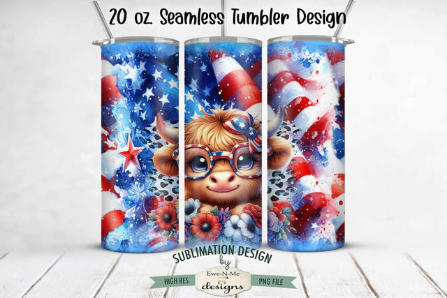 Patriotic Highland Cow Seamless 20 oz Sublimation Tumbler Sublimation Ewe-N-Me Designs 