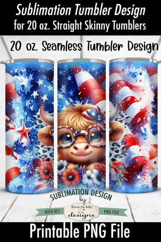 Patriotic Highland Cow Seamless 20 oz Sublimation Tumbler Sublimation Ewe-N-Me Designs 