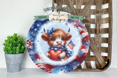 Patriotic Highland Cow Sublimation Design - Wind Spinner Design Sublimation Ewe-N-Me Designs 
