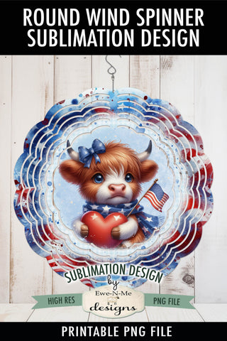 Patriotic Highland Cow Sublimation Design - Wind Spinner Design Sublimation Ewe-N-Me Designs 