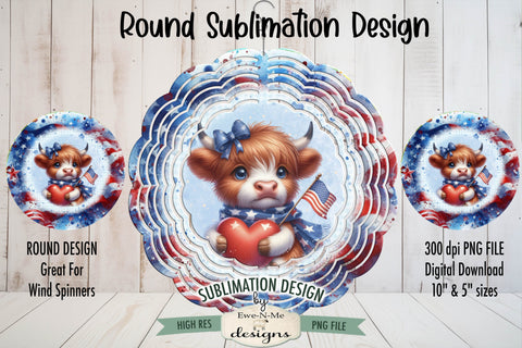 Patriotic Highland Cow Sublimation Design - Wind Spinner Design Sublimation Ewe-N-Me Designs 