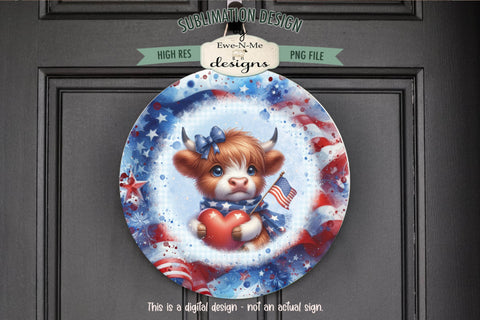 Patriotic Highland Cow Sublimation Design - Wind Spinner Design Sublimation Ewe-N-Me Designs 