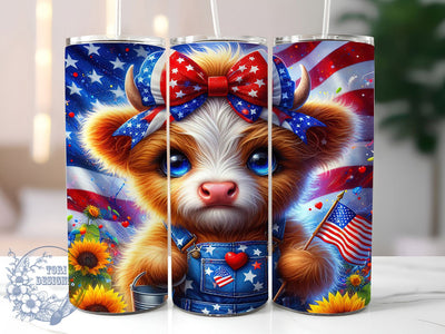 Patriotic Highland Cow Sunflower Tumbler, Patriotic Tumbler Wrap, Sunflower Cow Tumbler, 20oz Tumbler Sublimation, American Flag Tumbler, Western Tumbler Design, Digital Tumbler Wrap Sublimation ToriDesigns 