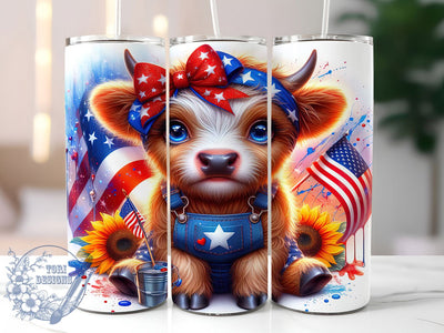 Patriotic Highland Cow Sunflower Tumbler, Patriotic Tumbler Wrap, Sunflower Cow Tumbler, 20oz Tumbler Sublimation, American Flag Tumbler, Western Tumbler Design, Digital Tumbler Wrap Sublimation ToriDesigns 