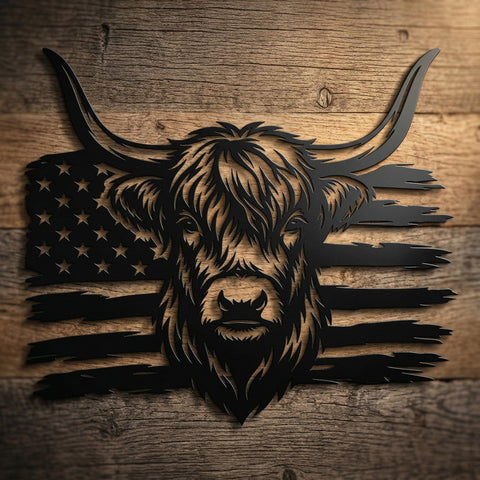 Patriotic Highland Cow SVG | American Flag Metal Wall Art | Plasma CNC Cut File | Rustic Farmhouse Decor | Dxf Eps Png Svg Download SVG HappyDesignStudio 
