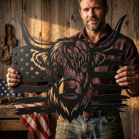 Patriotic Highland Cow SVG | American Flag Metal Wall Art | Plasma CNC Cut File | Rustic Farmhouse Decor | Dxf Eps Png Svg Download SVG HappyDesignStudio 