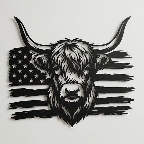Patriotic Highland Cow SVG | American Flag Metal Wall Art | Plasma CNC Cut File | Rustic Farmhouse Decor | Dxf Eps Png Svg Download SVG HappyDesignStudio 