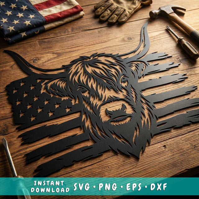 Patriotic Highland Cow SVG | American Flag Metal Wall Art | Plasma CNC Cut File | Rustic Farmhouse Decor | Dxf Eps Png Svg Download SVG HappyDesignStudio 