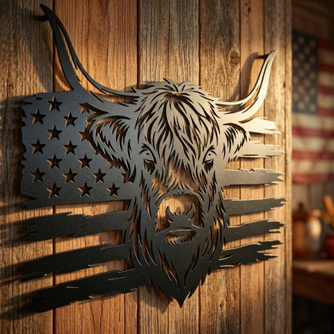 Patriotic Highland Cow SVG | American Flag Metal Wall Art | Plasma CNC Cut File | Rustic Farmhouse Decor | Dxf Eps Png Svg Download SVG HappyDesignStudio 