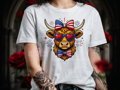 Patriotic Highland Cow T-Shirt PNG, Pop Art Cow, Heart Sunglasses, American Flag Bow, Sublimation PNG, Country Pride, Independence Day Shirt Sublimation SvggirlplusArt 