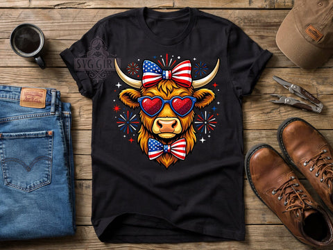 Patriotic Highland Cow T-Shirt PNG, Pop Art Cow, Heart Sunglasses, American Flag Bow, Sublimation PNG, Country Pride, Independence Day Shirt Sublimation SvggirlplusArt 