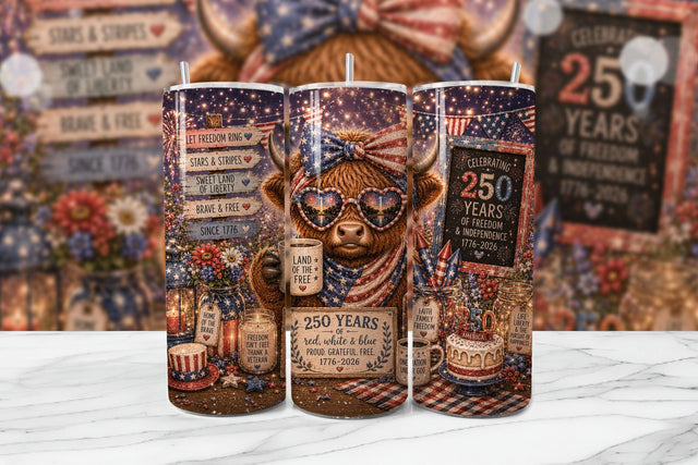 Patriotic Highland Cow Tumbler PNG Sublimation BijouBay 