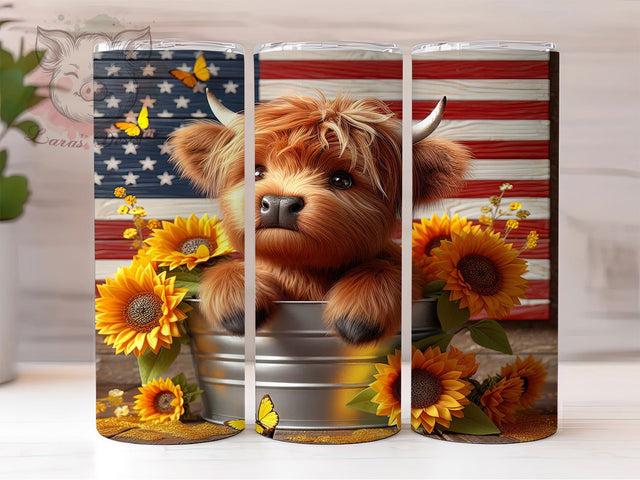 Patriotic Highland Cow Tumbler Wrap, USA Flag Cow Tumbler, 20oz Sublimation Tumbler, Cute Cow Tumbler Wrap, Rustic American Tumbler, Farm Animal Patriotic Design Sublimation Lara' s Designs 
