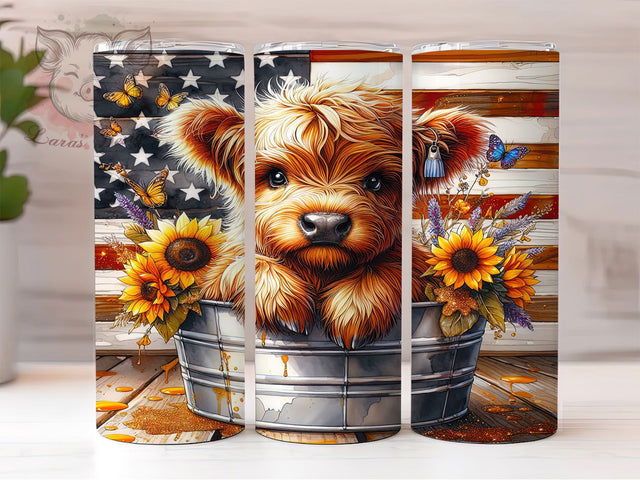 Patriotic Highland Cow Tumbler Wrap, USA Flag Cow Tumbler, 20oz Sublimation Tumbler, Cute Cow Tumbler Wrap, Rustic American Tumbler, Farm Animal Patriotic Design Sublimation Lara' s Designs 