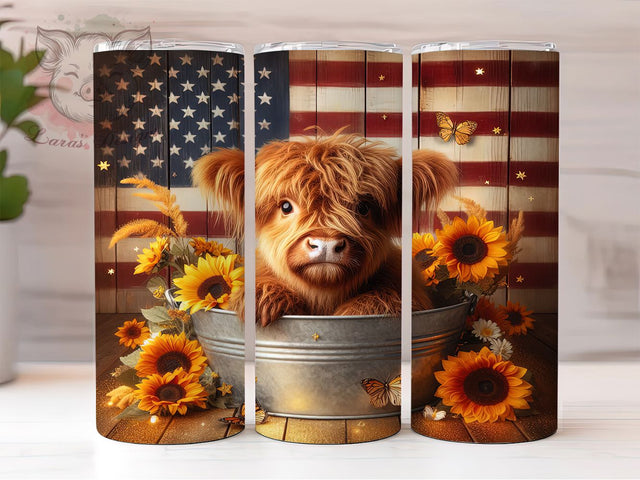 Patriotic Highland Cow Tumbler Wrap, USA Flag Cow Tumbler, 20oz Sublimation Tumbler, Cute Cow Tumbler Wrap, Rustic American Tumbler, Farm Animal Patriotic Design Sublimation Lara' s Designs 
