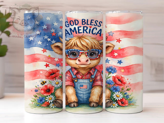 Patriotic Highland Cow USA 20oz Tumbler, God Bless America, American Flag, Fourth of July, USA Pride, Skinny Tumbler, Sublimation PNG Sublimation Lara' s Designs 