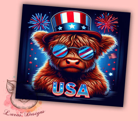 Patriotic Highland Cow Usa Flag 20oz Tumbler Png, Straight & Tapered Tumbler Png, 4th Of July Tumbler Png, Digital Download PNG Sublimation Lara' s Designs 