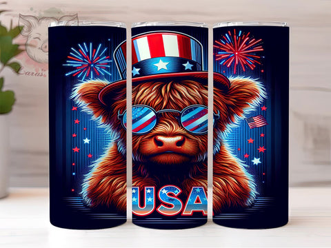Patriotic Highland Cow Usa Flag 20oz Tumbler Png, Straight & Tapered Tumbler Png, 4th Of July Tumbler Png, Digital Download PNG Sublimation Lara' s Designs 