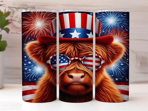 Patriotic Highland Cow Usa Flag 20oz Tumbler Png, Straight & Tapered Tumbler Png, 4th Of July Tumbler Png, Digital Download PNG Sublimation Lara' s Designs 