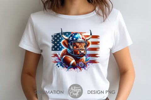 Patriotic Highland Cow with American football Sublimation Artisan Craft SVG 