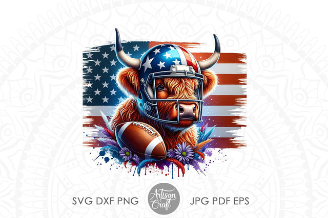 Patriotic Highland Cow with American football Sublimation Artisan Craft SVG 