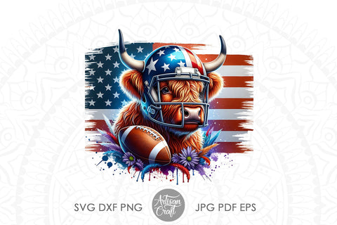 Patriotic Highland Cow with American football Sublimation Artisan Craft SVG 